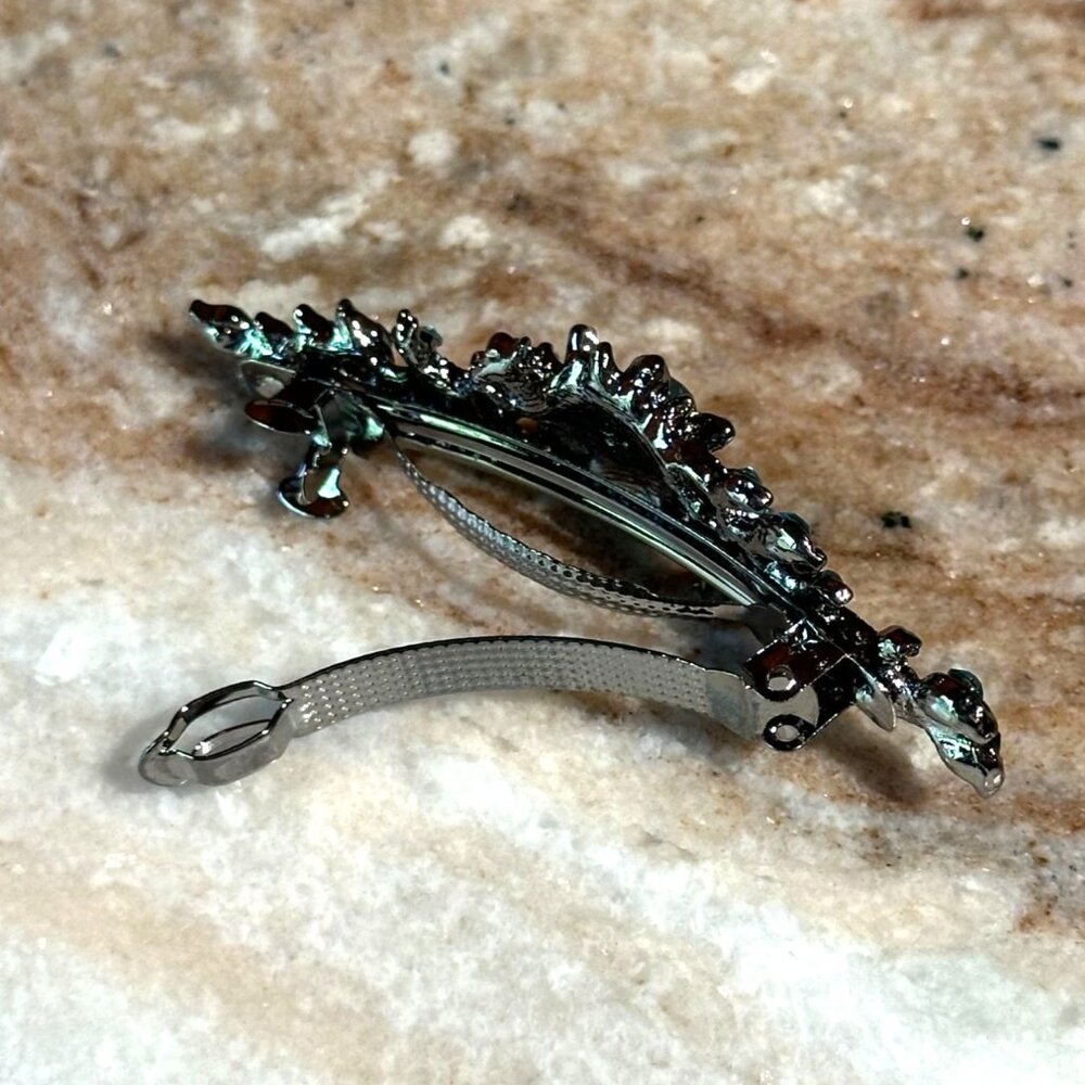 Turquoise Teal Aqua Blue Floral Crystal Rhinestone Medium Barrette/Hair Clip - Picture 3 of 5